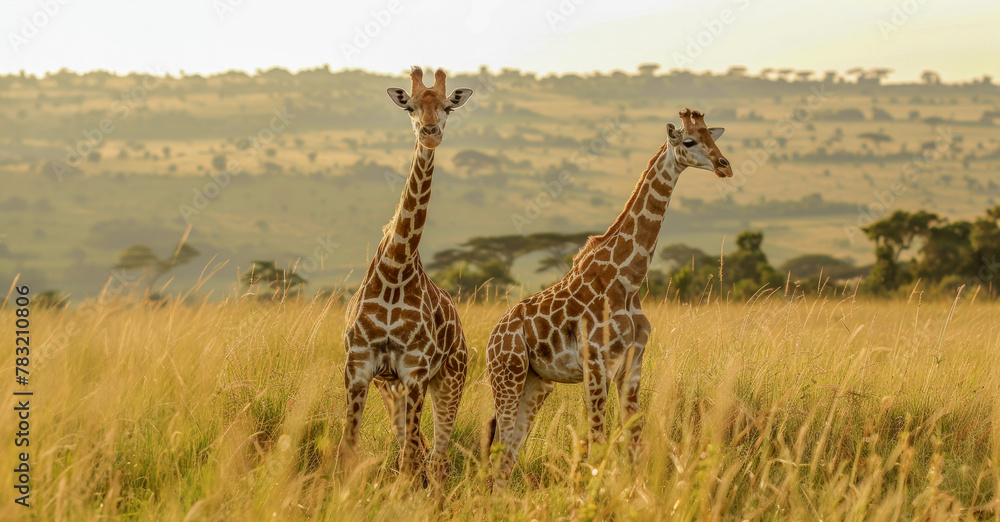 Obraz premium Two giraffes standing tall in a sunlit savannah, exuding tranquility