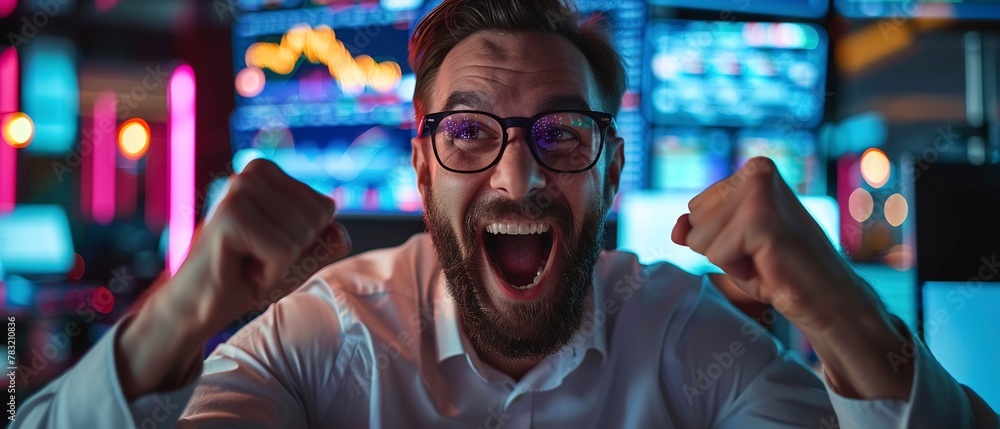 Bullish stock trader celebrating, office backdrop, euphoric expression, market success