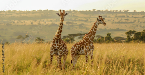 Two giraffes standing tall in a sunlit savannah  exuding tranquility