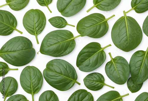Fresh spinach on isolated white background , juicy and fresh, top view, Flat lay, no shadows © jarntag