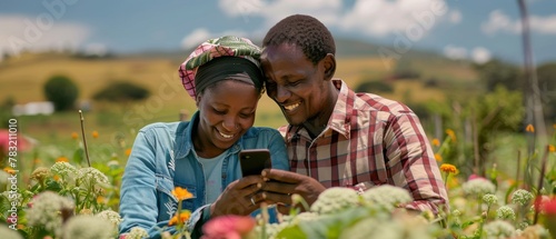 An African farmer and a female farmer viewing a phone together on a farm while smiling photo