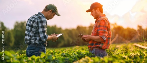 Young farmers talking and using a tablet in a chickpea field © Zaleman