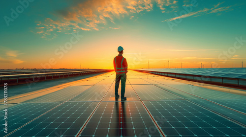 A technician inspecting solar panels on a vast solar farm, harnessing renewable energy.