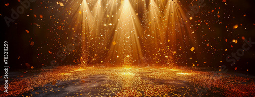Golden confetti and sparkling lights on a dark stage setting, creating a festive and luxurious atmosphere
