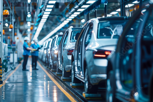 Workers in a modern automotive factory assembling electric vehicles on the production line.