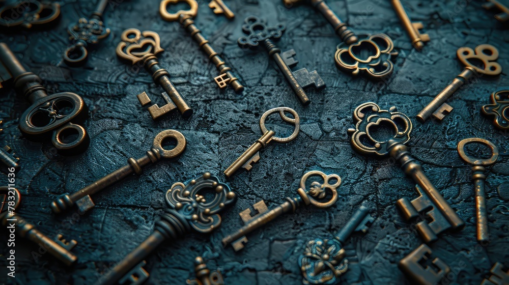 banner background National Cherish An Antique Day theme, and wide copy space, Digital artwork of antique keys forming a labyrinthine structure, suggesting the mysteries and secrets of history banner background National Cherish An Antique Day theme, and wide copy space, Digital artwork of antique keys forming a labyrinthine structure, suggesting the mysteries and secrets of history