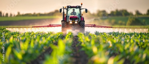 Young corn being sprayed with pesticides by a tractor