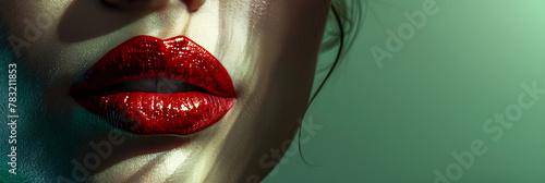 Closeup of a woman's lips are painted red lipstick and smudged,Passionate beauty one young woman elegance and sensuality shine.,A photo of a passionate ruby red lips imprint on a glass.

 photo