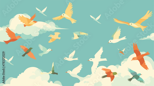 Flying birds in the sky. Vector 2d flat cartoon vac