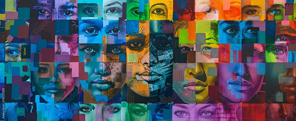 A vibrant, colorful collage of faces in various sizes and shapes, arranged on top of each other to create an abstract representation of the human race Generative AI