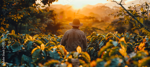 Farmer examining coffee plants at sunrise in a lush field © Mr. Stocker