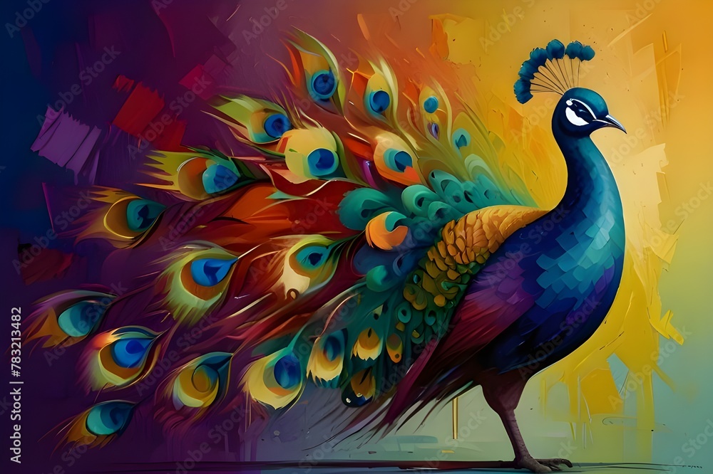Fototapeta premium Abstract oil painting: colorful peacock painted with palette knife.