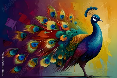 Abstract oil painting: colorful peacock painted with palette knife.