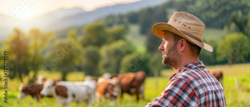 A farmer on a farm with three herds of cows and calves in an open field outside in a grassy field with a herd of cattle. Farmer, worker or business owner watching.