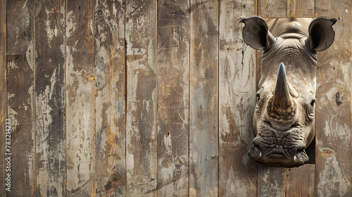 rhino peeks from behind a shabby wooden corner, against a solid background with copy space