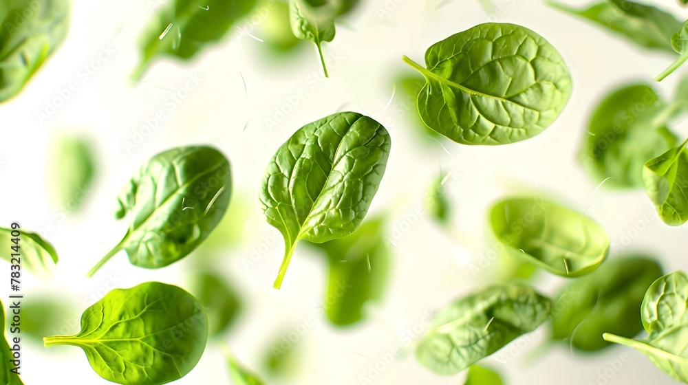 Obraz premium Fresh Spinach Leaves Floating on a Light Background, Vibrant Green, Healthy Eating. Perfect for Nutrition Concepts. AI
