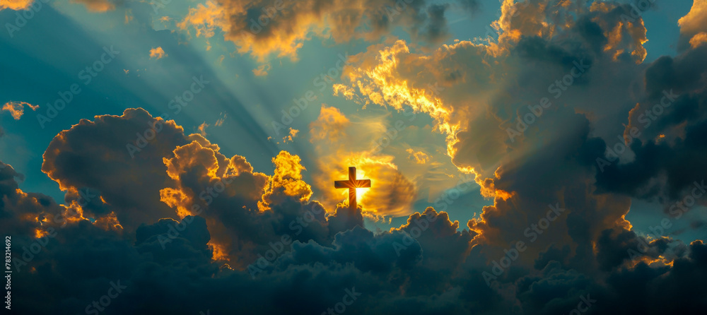 Fototapeta premium Majestic sunrise with Christian cross symbol amidst clouds