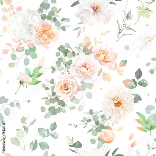 Classic pink rose, white peony, dahlia, mint green eucalyptus, poppy, sage blush greenery vector design wedding spring seamless pattern. Floral summer watercolor. Elements are isolated and editable