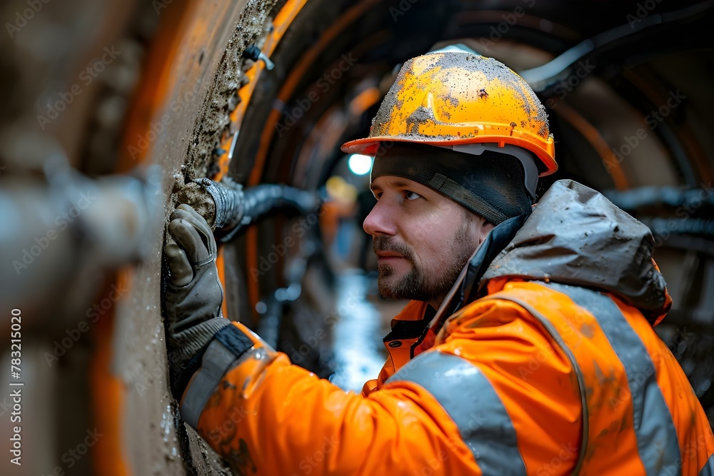 Underground Engineer Examining Drainage - Construction Insight. Concept Underground Engineering, Drainage Systems, Construction Insights, Civil Engineering, Infrastructure Development Underground Engineer Examining Drainage - Construction Insight. Concept Underground Engineering, Drainage Systems, Construction Insights, Civil Engineering, Infrastructure Development