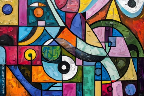 Abstract painting consisting of chaotic multicolored bright various shapes and figures separated by black lines