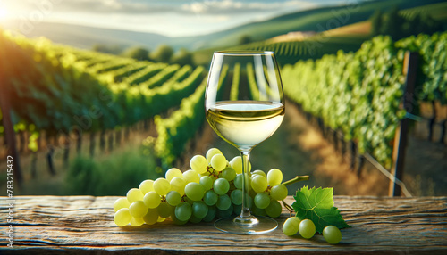 A glass of white wine on a wooden ledge with a picturesque vineyard in the background. The wine has a light, crisp color