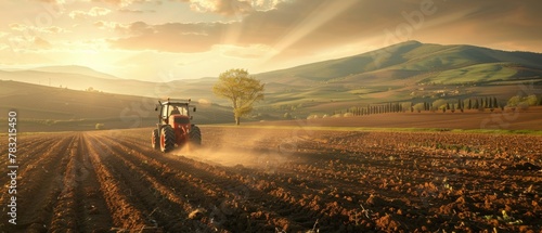 In the tractor, a farmer prepares seedbeds for the following year's crops photo