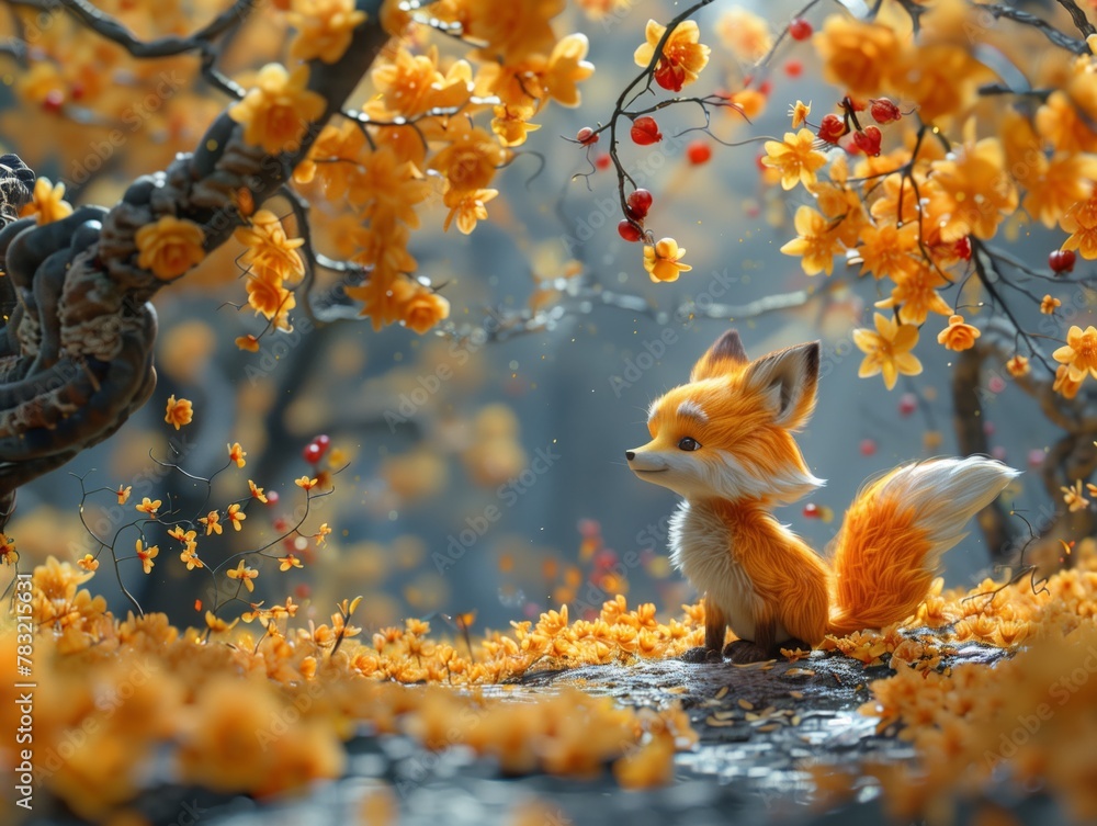 Obraz premium 3d rendered cartoon fox captivated by a magical fairy tale forest scene: Illustration of a cute and adorable animal. Digital art with vivid colors and enchanted 3d rendering of magic animal