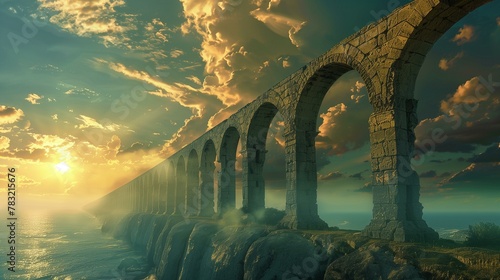 Aqueduct architectual, ancient aqueduct bridge over sea, old sunrise dawn sun old ruin