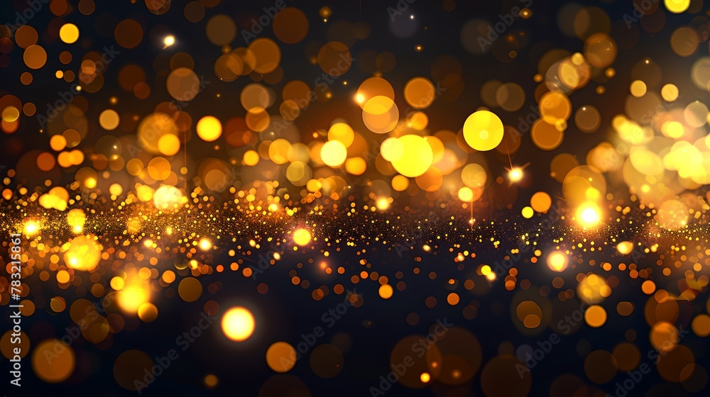 Glowing golden bokeh lights on a dark backdrop for festive occasions. Ideal for backgrounds and overlay effects. Serene and artistic representation. AI - obrazy, fototapety, plakaty 