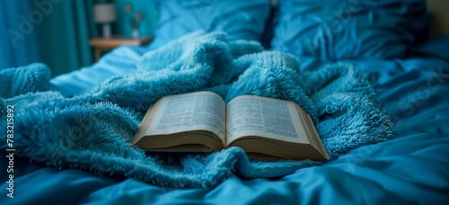 Open book on blue knitted blanket in bedroom