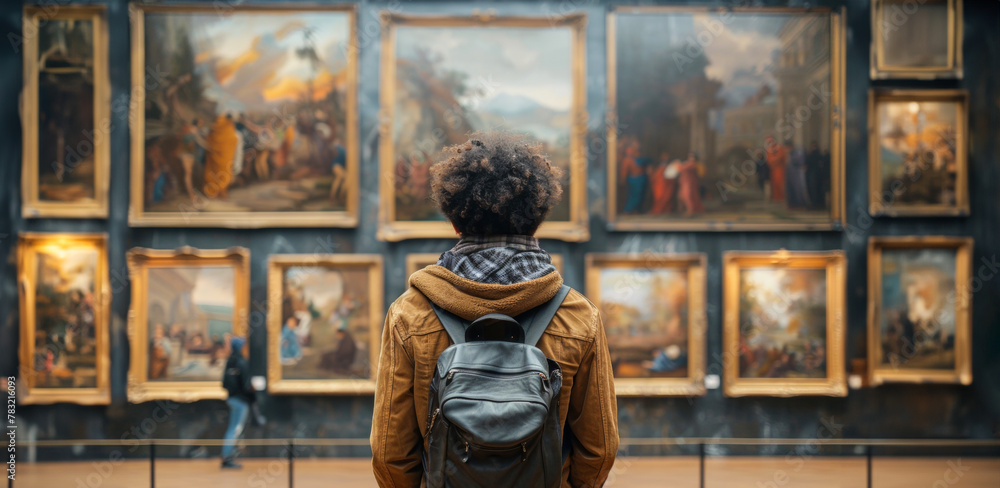 Visitor admiring classical paintings at art gallery Visitor admiring classical paintings at art gallery