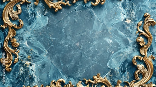 Blue marble texture with gold frame accents - A regal blue marble serves as canvas for the delicate gold frame accents, creating a luxurious and sophisticated piece with an old-world charm