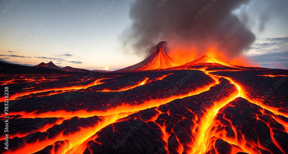 A volcanic eruption with lava flowing down the side of a mountain. The sky is orange and the sun is setting.