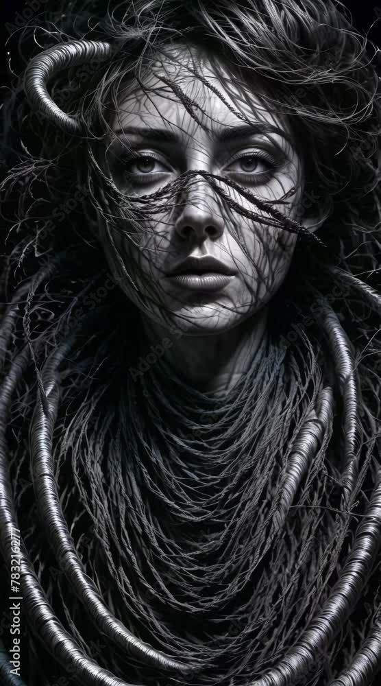 a dystopian black and grey woman tangled in surreal cables, woman Coiled scourge on a black background, clean ink lines, crosshatching shadows a dystopian black and grey woman tangled in surreal cables, woman Coiled scourge on a black background, clean ink lines, crosshatching shadows