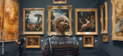 Young woman contemplating paintings at an art exhibit photo