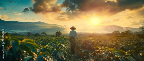 In an outdoor coffee field, a farmer is working at sunset...