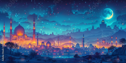 Illustration of night landscape with Islamic city skyline with mosque and minarets.