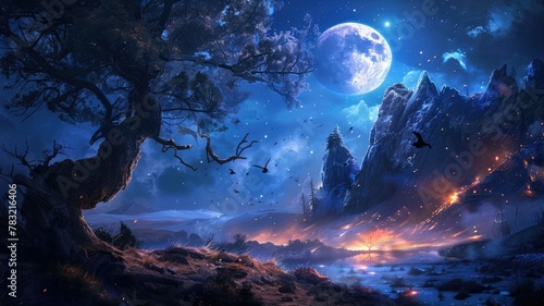 Majestic Moonlight over Mountainous Landscape - Stunning artwork depicting a moonlit scenery with rugged mountains  fireflies  and a serene river