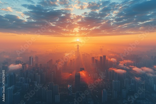 Dawn breaks over a futuristic city, skyscrapers bathed in the first light, with advanced urban sprawl unfolding photo