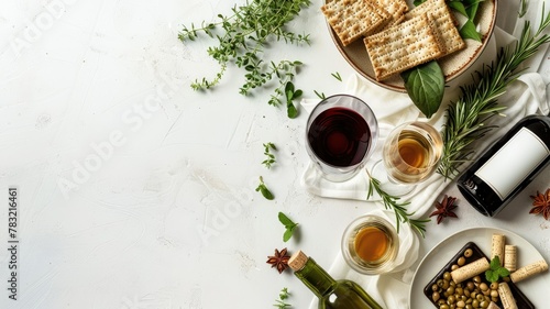 Elegant flat lay of wine and appetizers - The image captures an elegant array of fine wine, olive oil, herbs, and dry crackers, perfect for a gourmet experience