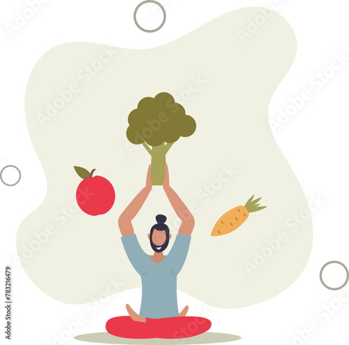 vegetarian yogi sits in lotus position, concept of health and preserving youth.flat vector illustration.