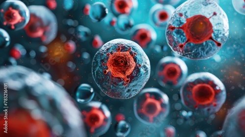 Close-up 3D rendering of human cells - This highly detailed, scientific illustration of human cells in blue and red hues depicts the intricate structures found within