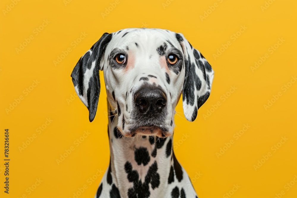 studio headshot portrait of Dalmatian dog looking forward against a yellow background . photo on white isolated background