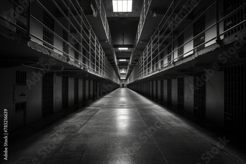 Dimly Lit Prison Cell Block, Wide-Angle Perspective