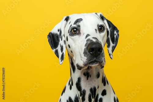 studio headshot portrait of Dalmatian dog looking forward against a yellow background . photo on white isolated background © Aditya