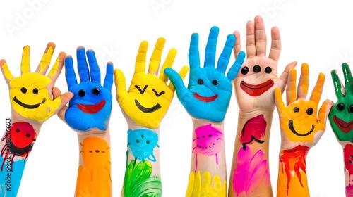 Colorful painted hands raised up with smiley faces. Children's fun activity, creative play. Joyful hand art, group participation. Friendly hand gestures. AI