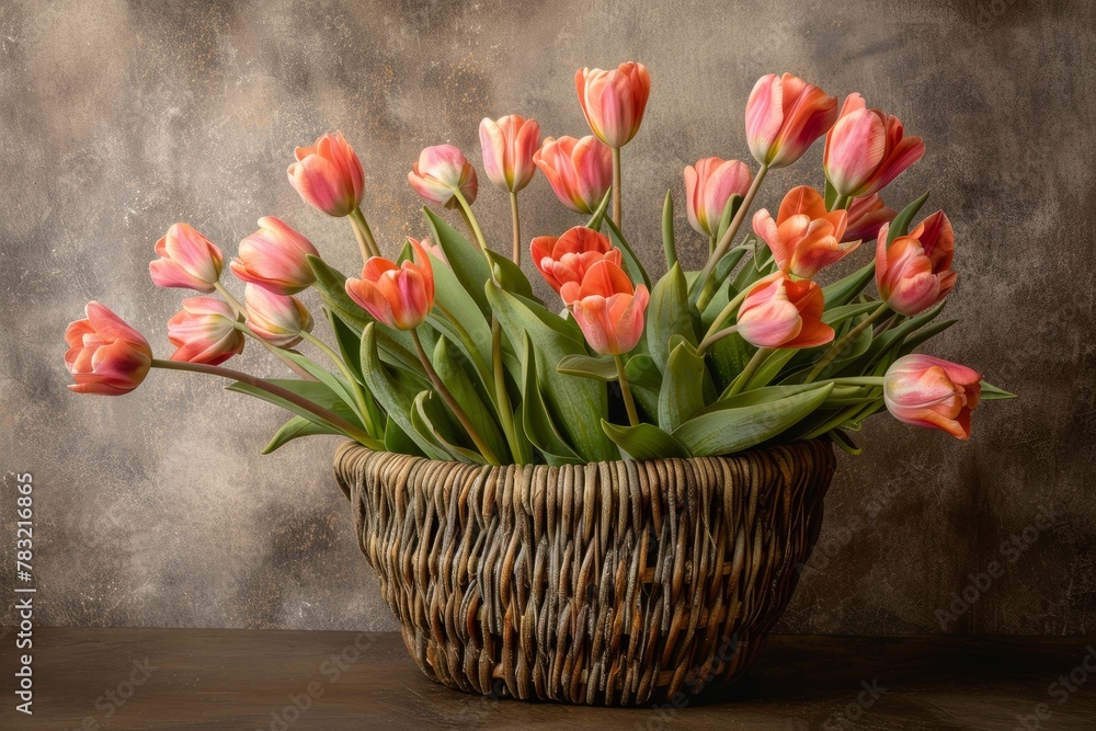 Woven Basket with Tulips Against Rustic Wood
