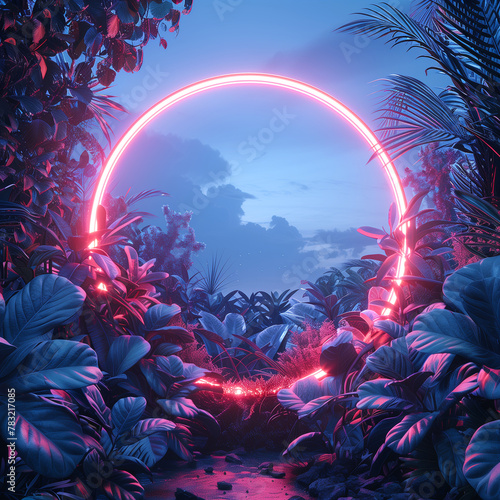 Glowing neon circle light in tropical forest