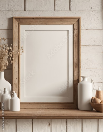 Fototapeta Naklejka Na Ścianę i Meble -  Close-up frame mockup in farmhouse interior, 3d rendering