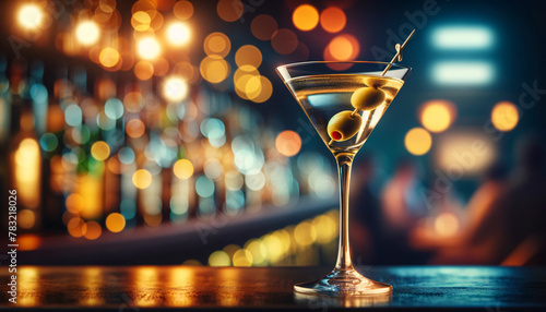 A classic martini in a stemmed glass with a vibrant ambiance. The cocktail has a golden hue with two olives on a toothpick inside the drink